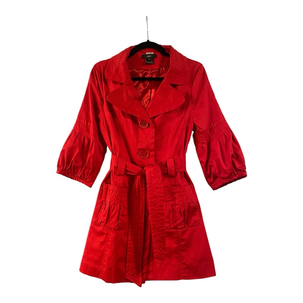 Luii Jacket, Red, 3/4 Length Bell Sleeves Pea Coat Tie Waist Size Medium